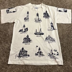 Vintage 90s Michigan Rag Co Lighthouses T-Shirt Mens L All Over  Print White USA